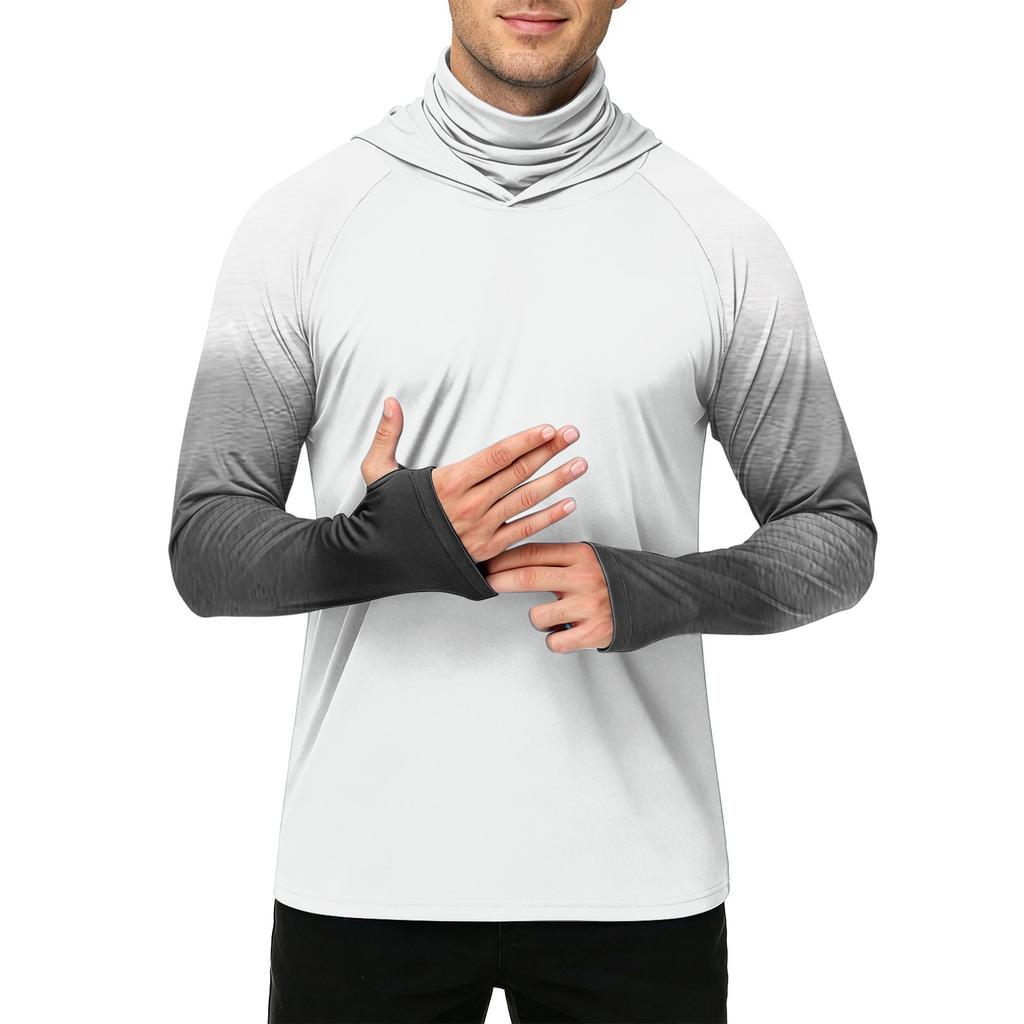 Men's Casual Outdoor Gradient Print Hooded Long Sleeve Sun Protection Shirt Lightweight Breathable UV Resistant Pullover Top