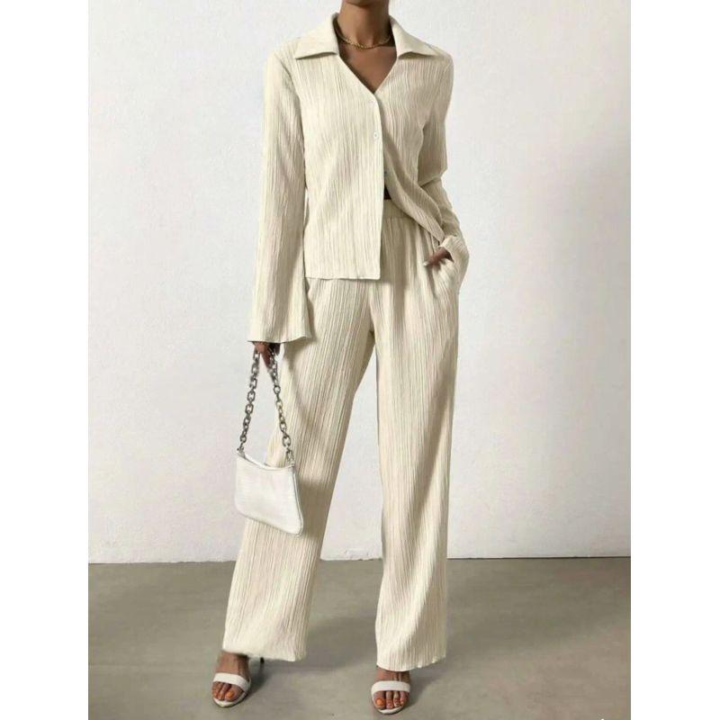 

European and American Solid Pleat Long sleeve Shirt Wide Leg Pants Casual Set Shirt Pants Casual Suit Apricot XL