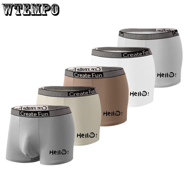 5pcs Ice Silk Men's Underwear Solid Color Printed Plus Size Mid Waist Flat Angle Waistband Boxer Brief