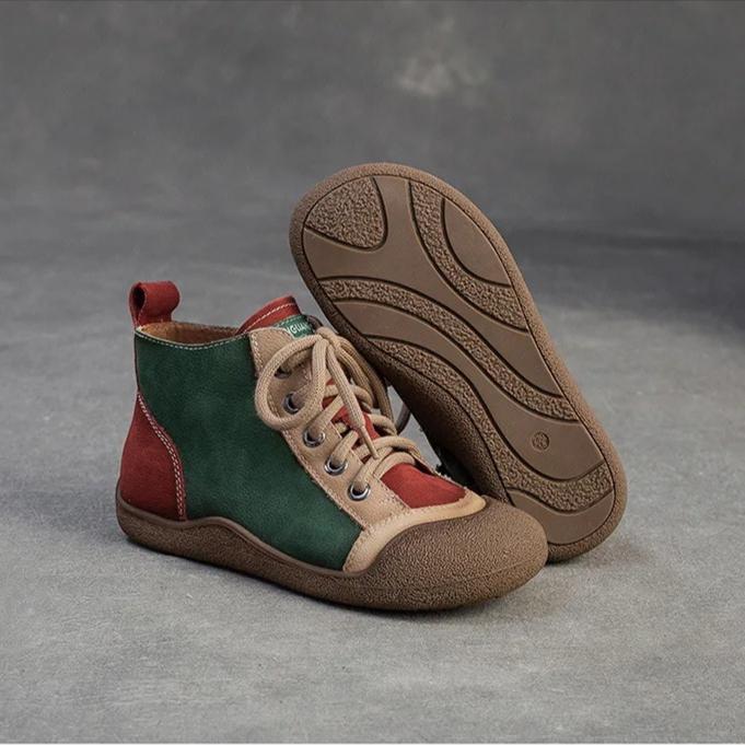 Johnature Mixed Color Genuine Leather Lightweight Comfortable Ankle Boots Retro Versatile Warm Women's Shoes