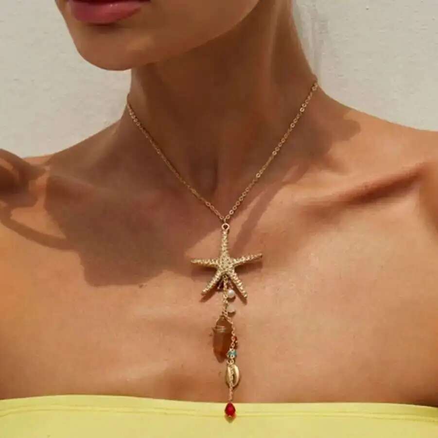 Salircon Trendový přívěsek na náhrdelník Hvězdice Hřebenatka Imitace Křišťálu Třásně Ženy Bohemský Letní Plážový Choker Přívěsek Šperky