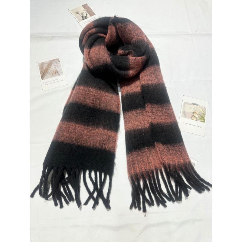New Style Mohair Striped Colorful Scarf for Women in Winter Korean Style Thickened and Warm with Plush Scarf for Men