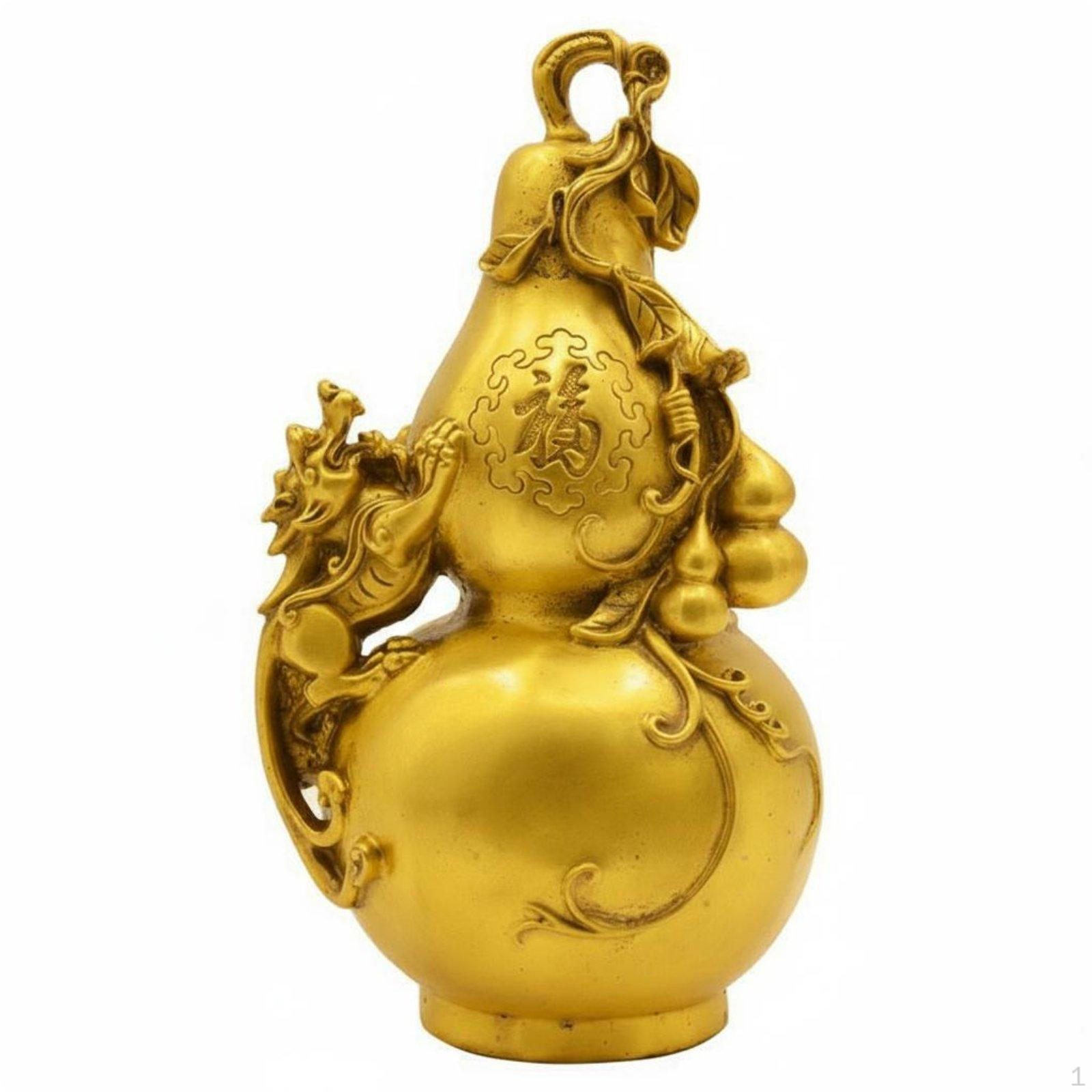 Auspicious Protector Statue Golden Frog Gourd Copper Ornament Intricate Details Brass
