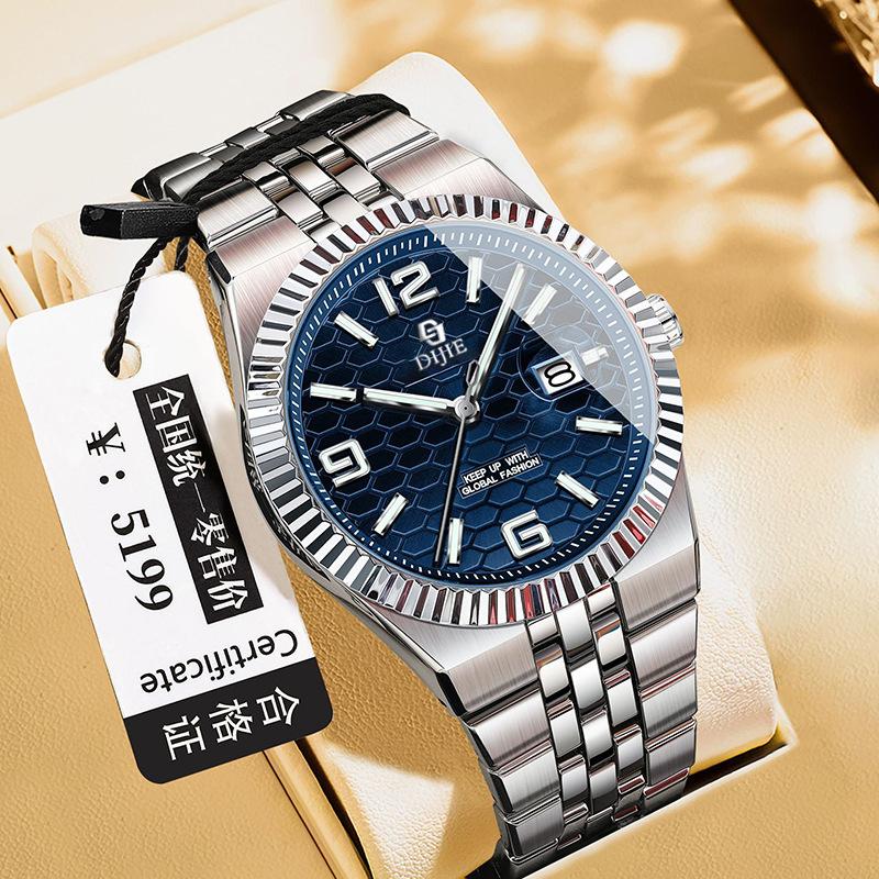 Orologio da polso meccanico completamente automatico autentico in acciaio inossidabile, lancette luminose, data, resistenza all'acqua 10m, diretto dalla fabbrica