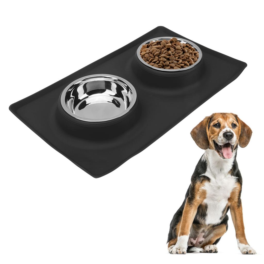 Pet Bowl Silicone AntiSlip Foldable Water Dish Feeding Dual Bowl for Small Medium Dogs Cats(Black )