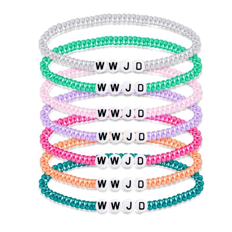 7PCS Colorful WWJD Bracelets Teen Girl Summer Beaded Bracelets Religious Stretch Bracelets What Would Jesus Do Bracelets