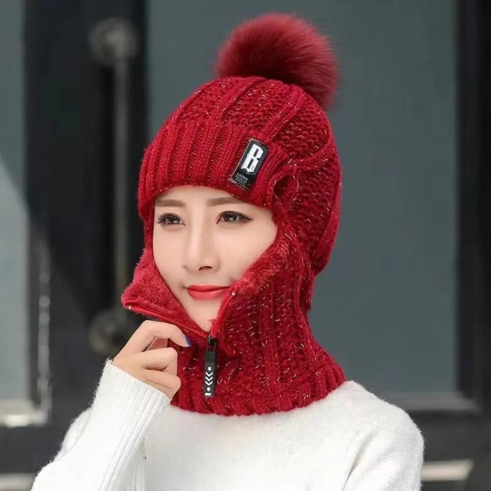 Casual Windproof Wool Knitted Hat Neck Warmer Thickened Ear Protection Hat Keep Warm Pompoms Hat for Women