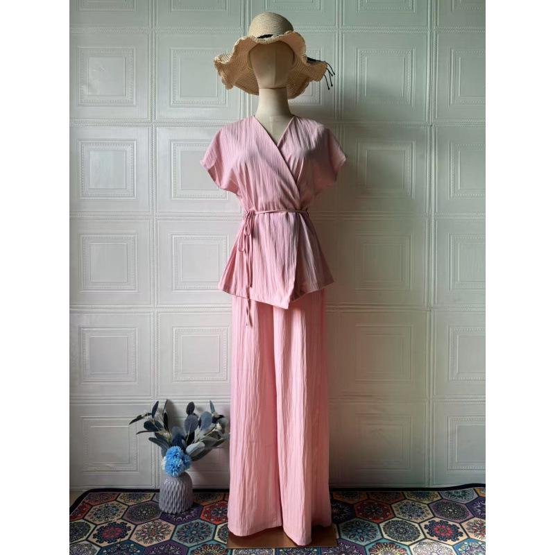 2025 Summer European & American Casual V-neck Short-sleeve Long Pants Fashion Set