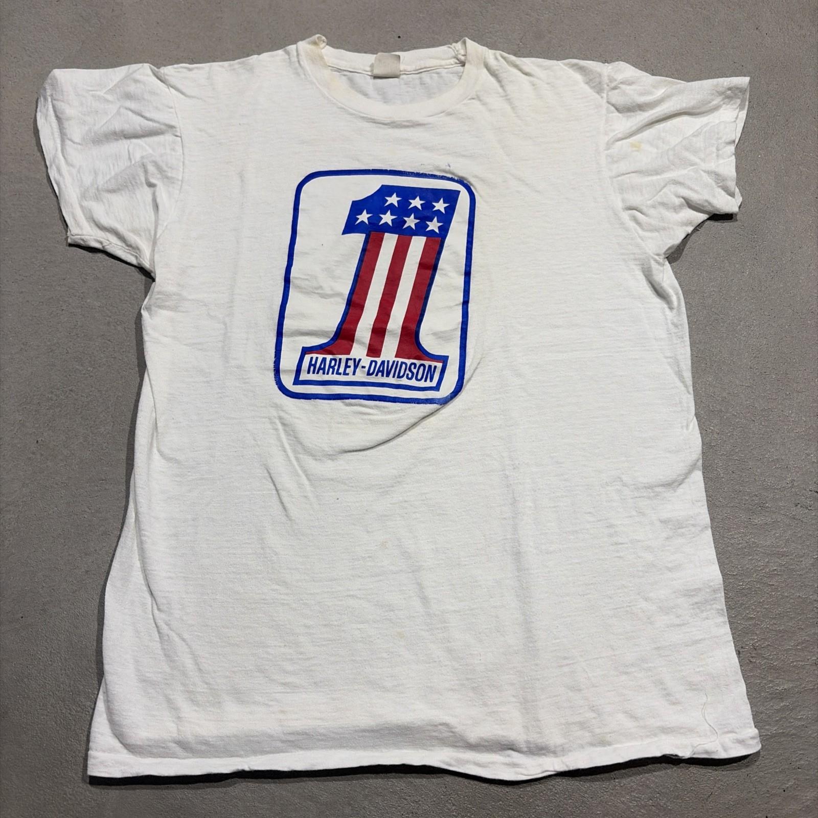 Vintage 60s 70s Harley Davidson #1 Logo White Tee Derby Made USA T-Shirt Sz XL S