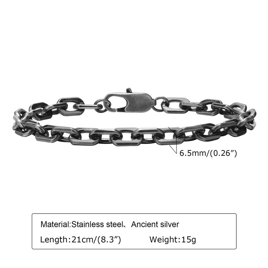 Vintage Rolo Chain Bracelets for Men,Retro Grey Waterproof Stainless Steel Links Wristband, Casual Cable Chain Jewelry