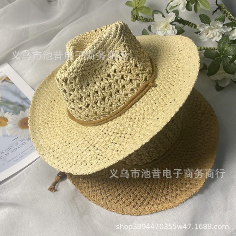 Vintage beach seaside vacation windproof bucket hat breathable straw visor female summer big brim jazz hat outdoor