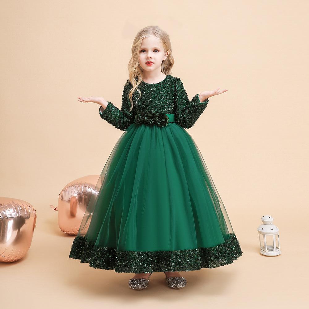 2024 Girls' Sequin Long Sleeve Evening Dress for Catwalk and Events