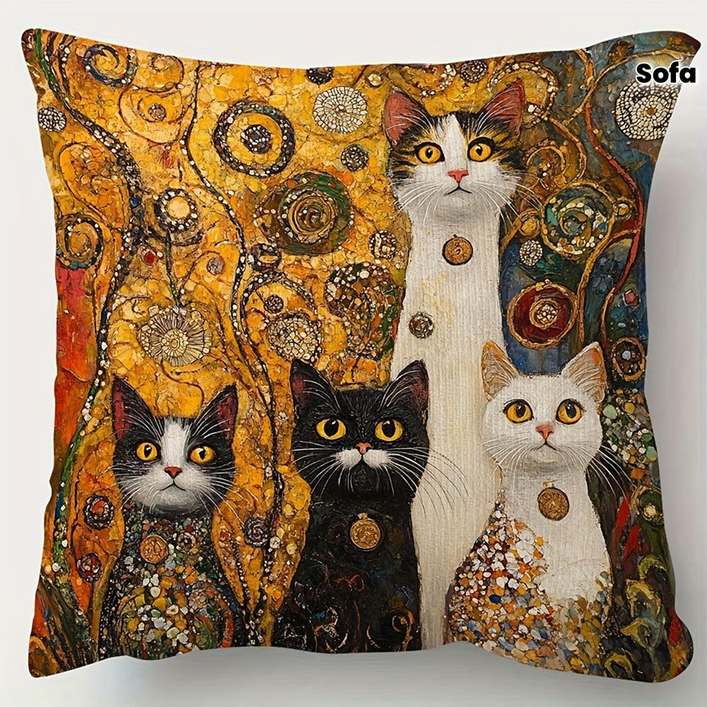 2D Flat- Gustav Klimt Style Four Cats Decorative Throw Pillow Cover Luxury Artistic Cushion Case For Sofa Couch Bedroom