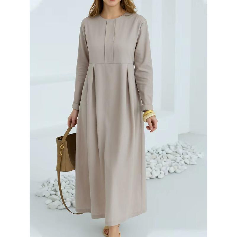 JPNTKY Fashion Autumn Winter Solid Color Print Long Sleeve O-Neck Casual Dresses