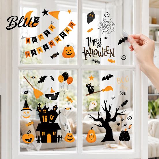 Halloween Window Stickers 4 Sheets Electrostatic Glass Stickers Cartoon Pumpkins Castle Bats Decals PVC Waterproof Static Clings for Windows