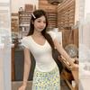 Tencel White V-neck Front Shoulder Short-sleeved T-shirt Women's Summer New Xiaofei Sleeves Slim-fitting Age-reducing Waist Top