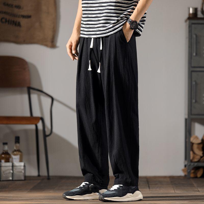 Japenese Cotton Linen Pants Men Summer Straight Casual Ice Silk Sweatpants Male Wide Leg Oversize Linen Trousers