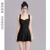 Women's Fashionable One-Piece Dress-Style Swimsuit: Boxer Style, White, Conservative, Waist Gathering, Tummy Control, for Hot Springs.