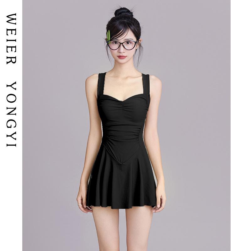 Women's Fashionable One-Piece Dress-Style Swimsuit: Boxer Style, White, Conservative, Waist Gathering, Tummy Control, for Hot Springs.