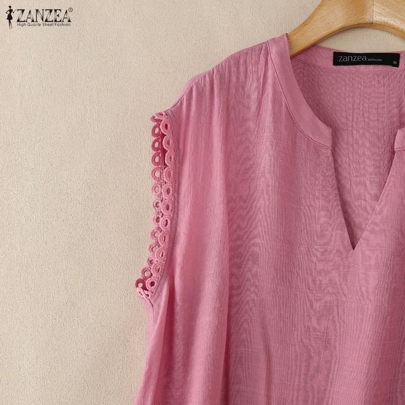 ZANZEA Blusa Casual da Donna con Scollo a V, Colore Unito, Vestibilità Larga, Inserti in Pizzo, Manica Corta