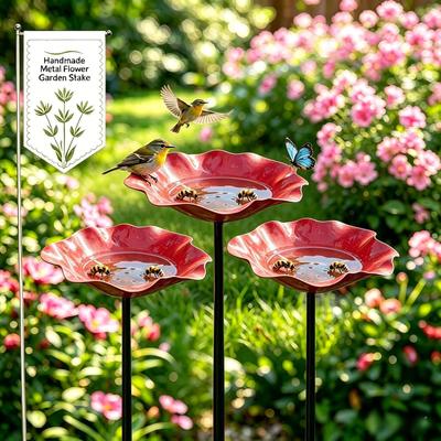 Handmade Metal Flower Garden Stake Bird Bath Bee Watering Station for Garden Bee Water Feeder Bowl  Outdoor Yard Decor