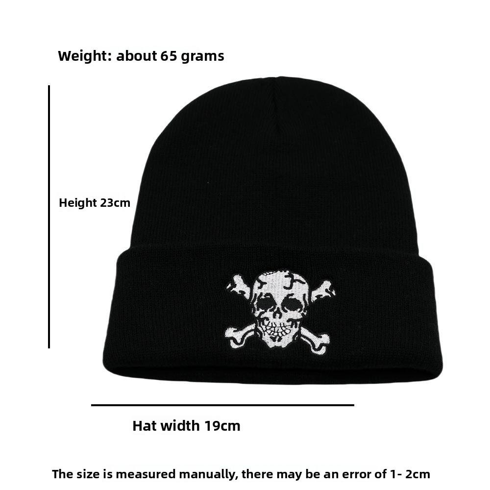 Solid Simple Color Knitted Hat With Skeleton Embroidery Design For Daily