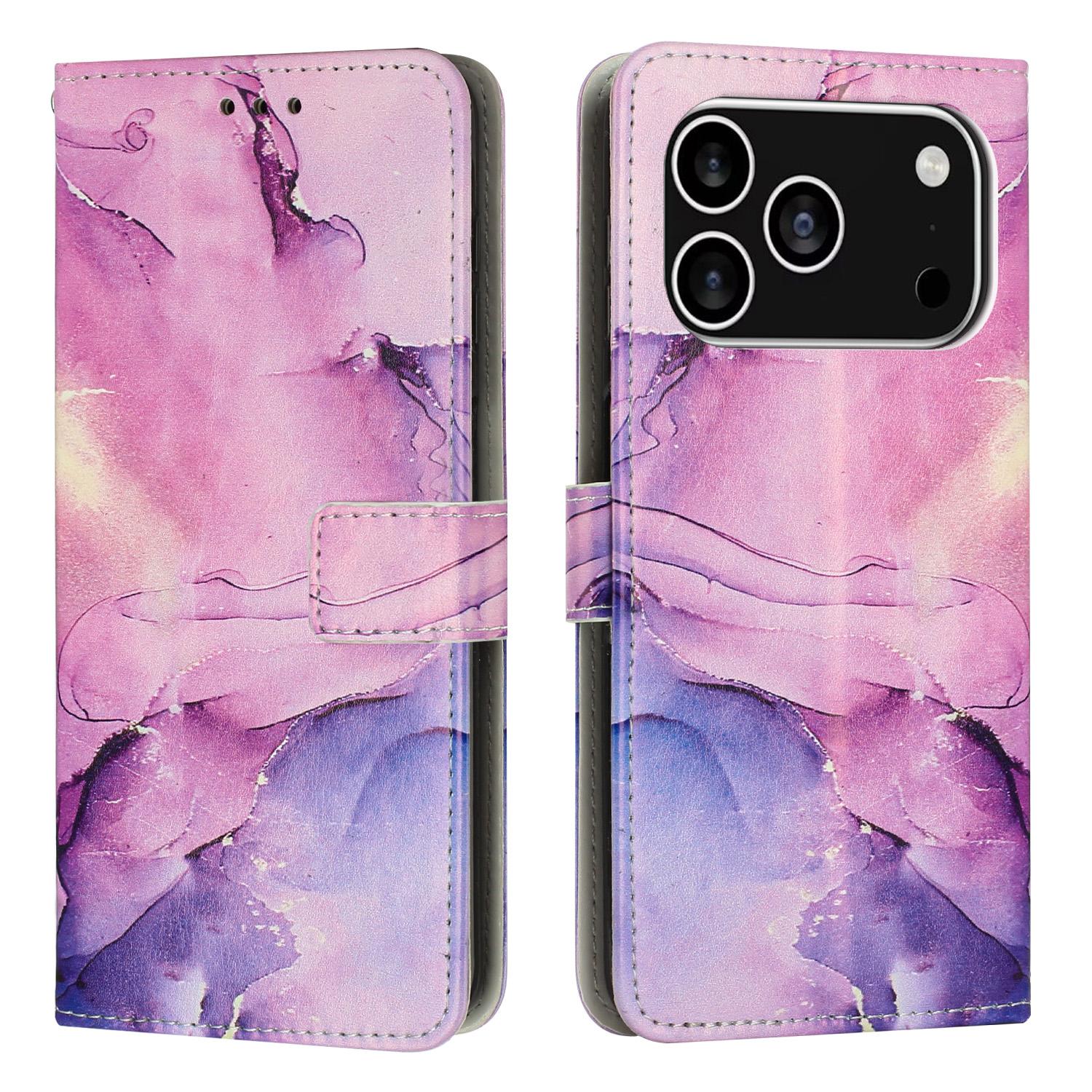

For iPhone 17 Pro Stand Case Marble Pattern PU Leather Wallet Phone Cover Purple