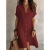 QICED Fashion Summer Spring Solid Color Print Short Sleeve POLO Neck Casual Dresses