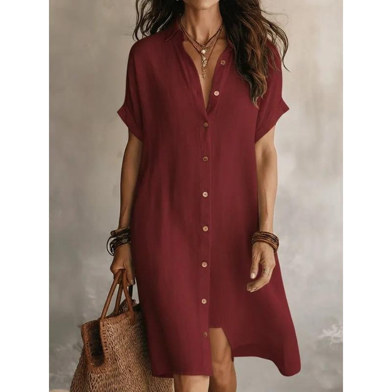 QICED Fashion Summer Spring Solid Color Print Short Sleeve POLO Neck Casual Dresses
