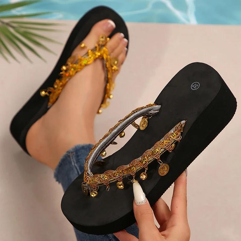 Fashion 2025 Sequins Decor Flip Flops for Women Wedges Thick Bottom Sandals for Ladies Beach Non Slip Wear-Resistant Slippers Mujer