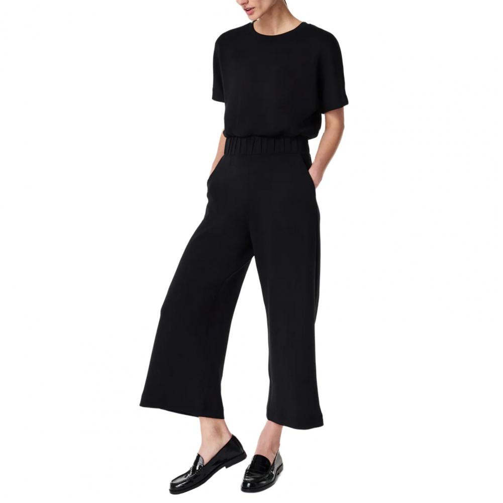 Summer Women Jumpsuit O Neck Short Sleeves Elastic Waist Wide Leg with Side Pockets Solid Color Loose Casual Daily Wear Ankle Le