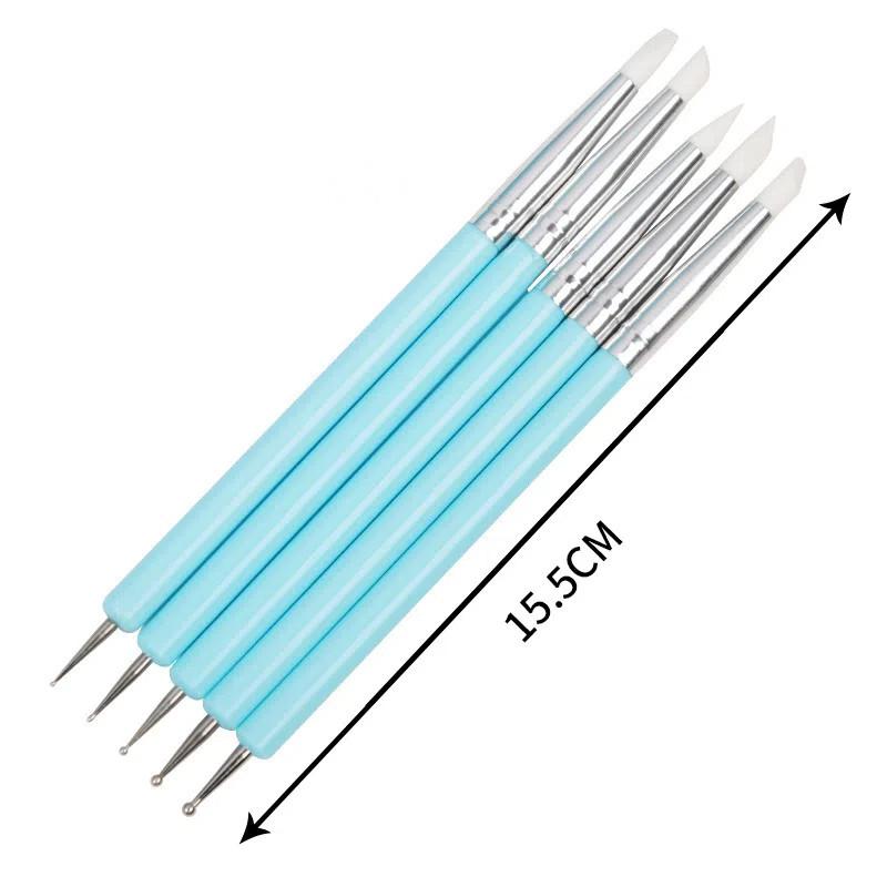 5 Buc pensule siliconice cu 2 capete pentru unghii acrilice, cu vârfuri pentru sculptură și punctare, pentru gel UV, pixuri de punctare din oțel inoxidabil, instrumente de pictură