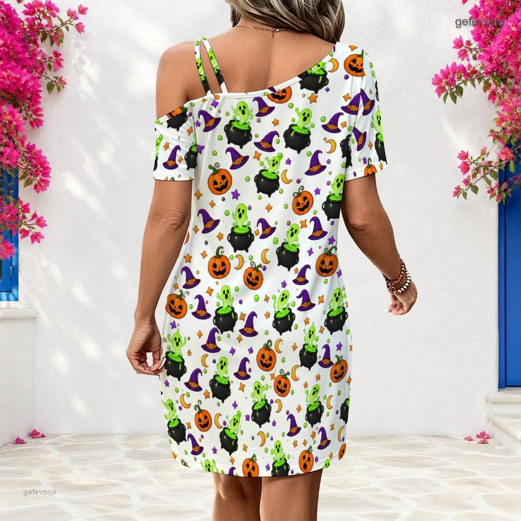 Women Plus Size One Shoulder Short Sleeve Loose White Halloween Printed Dress