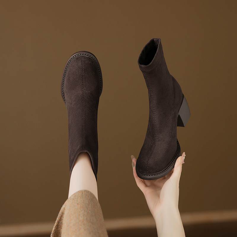 Krazing Po Flock Winter Round Toe Size 33 Western Boots Size 43 Thick High Heels Concise Style Ankle Boots