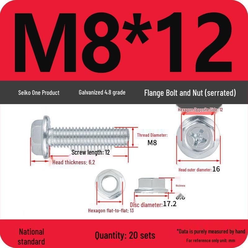 4.8 Grade Galvanized Hex Bolt Set with Anti-slip Washer & Nut, Cross Flange Head, M4/M5/M6/M8mm
