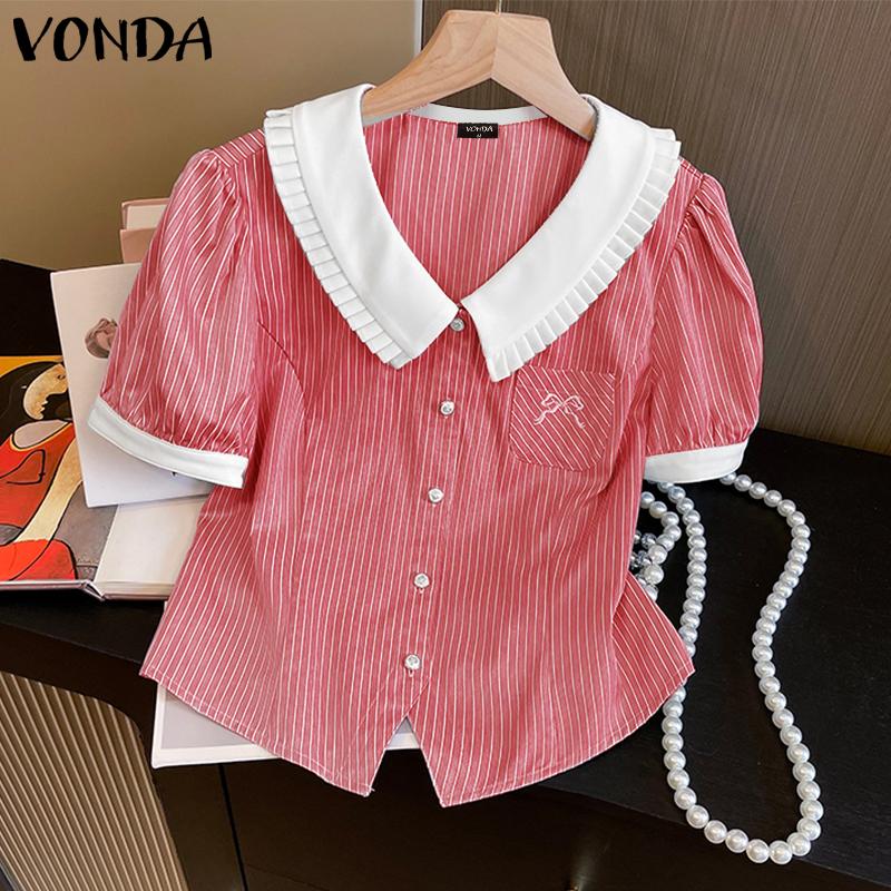 VONDA Women Lapel Short Sleeve Patchwork Striped Print Buttons Casual Blouse