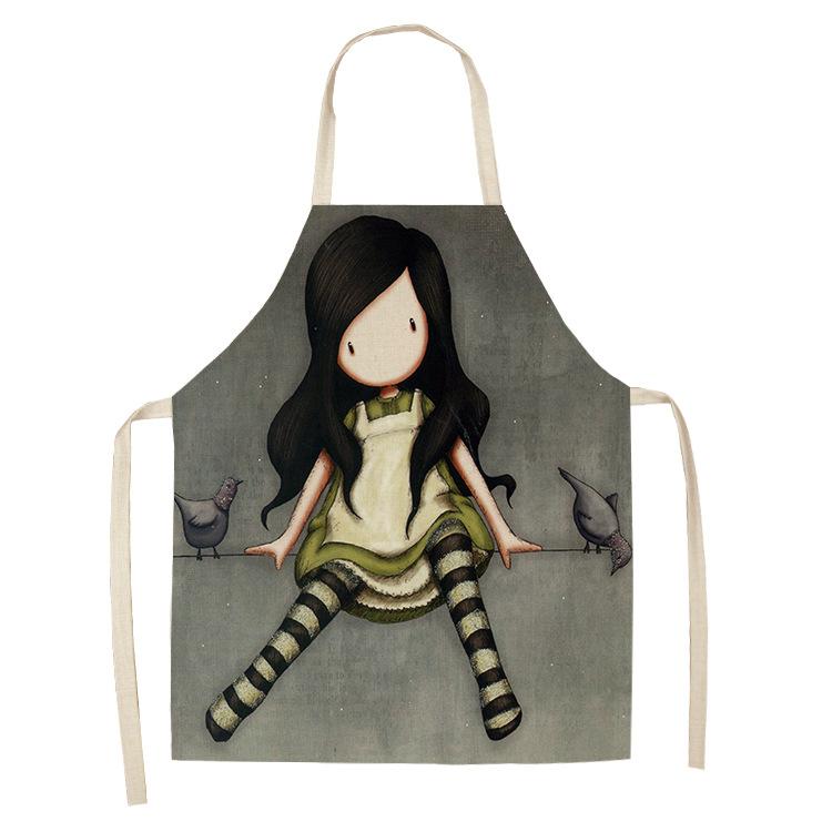 Cartoon Kitchen Apron Cute Girl Print Linen Ladies Kitchen Home Roasted Life Bib Apron Household Cleaning Tools Delantal