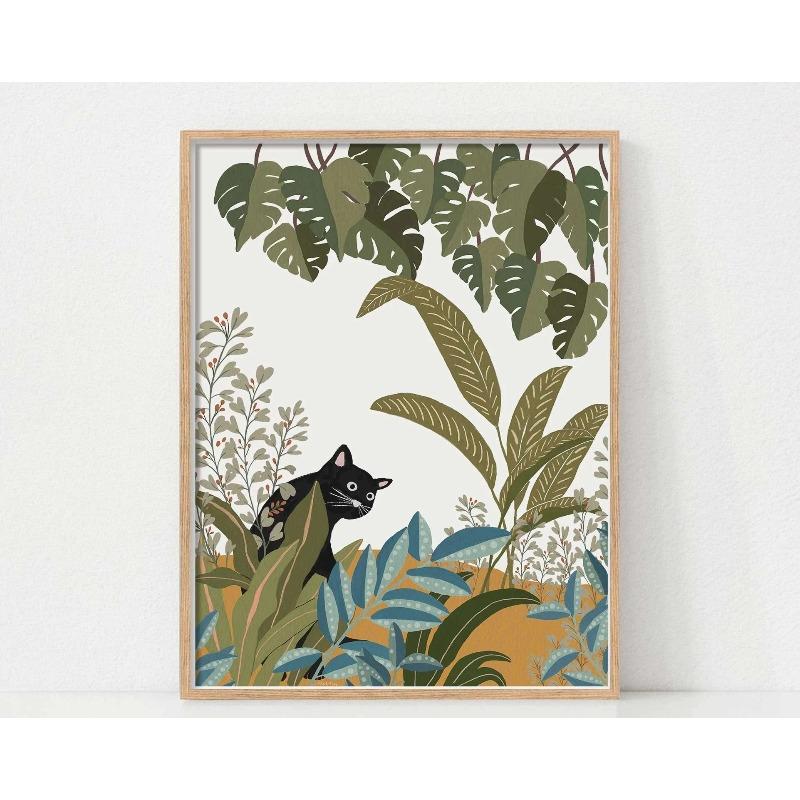 Cute Cat Print Poster Simple Cat Lines Love Sunflower Cat Wrestling Cat Cat Lover Gift Home Bedroom Living Room Office Decor