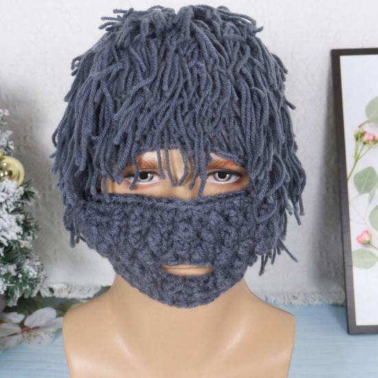 Kids Hat with Detachable Soft Yarn Straight Hair Wig Punk Style Mustache Warm Knitted Beard Cosplay