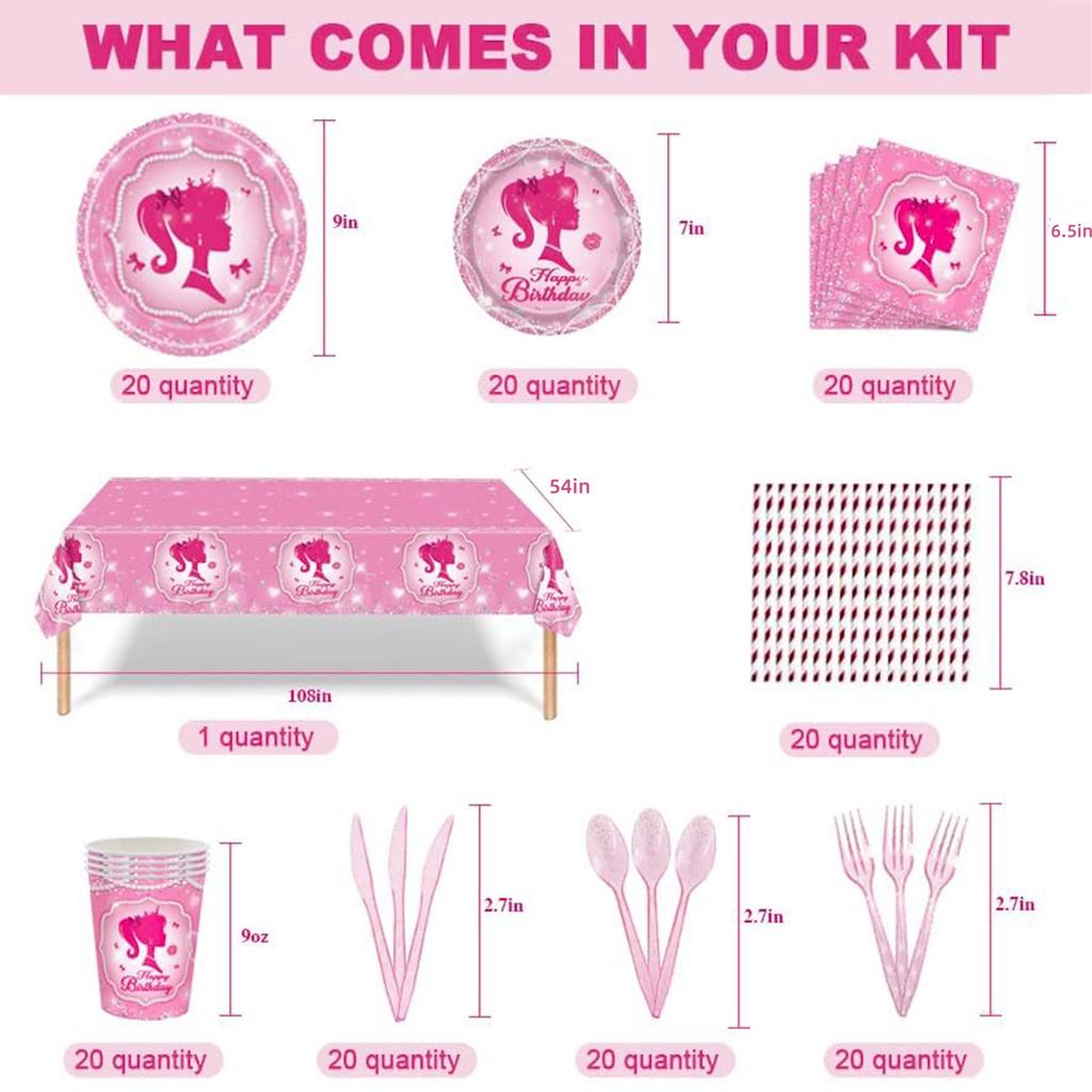 161CT Pink Babe Girl Happy Birthday Party Supplies Hot Pink Girl Party Decorations Tableware for 20 Guests for Baby Shower
