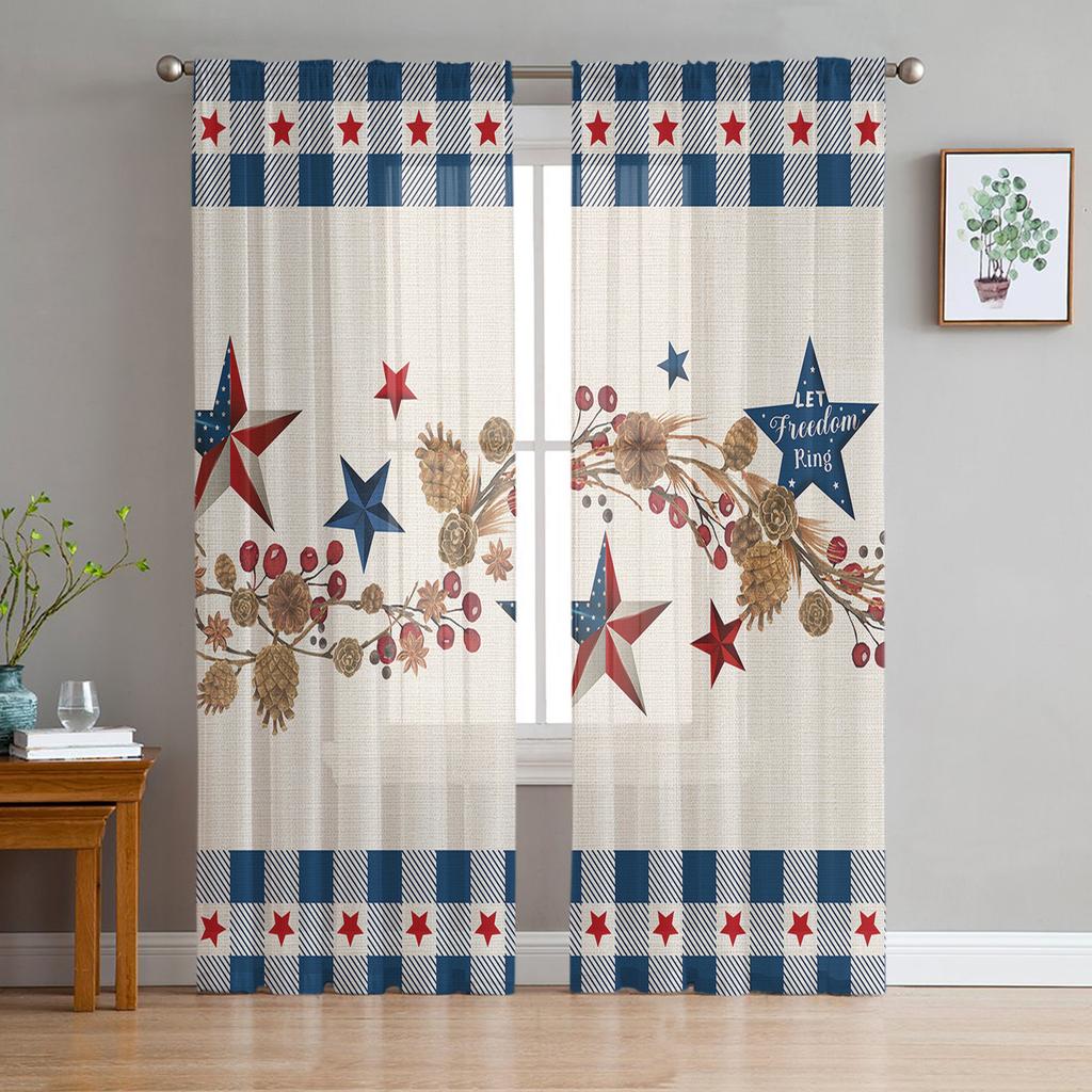 American Flag Pentagram Sheer Window Curtains For Living Room Kitchen Children Bedroom Voile Hanging Curtain