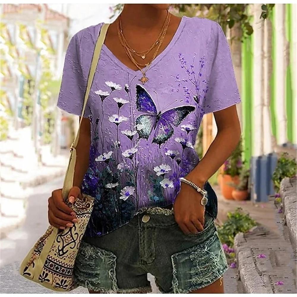 Abstract Oil Painting Floral 3D Print Summer Letter Fashion Women T-shirt Short Sleeve Everyday Tops T-shirt Harajuku Vintage