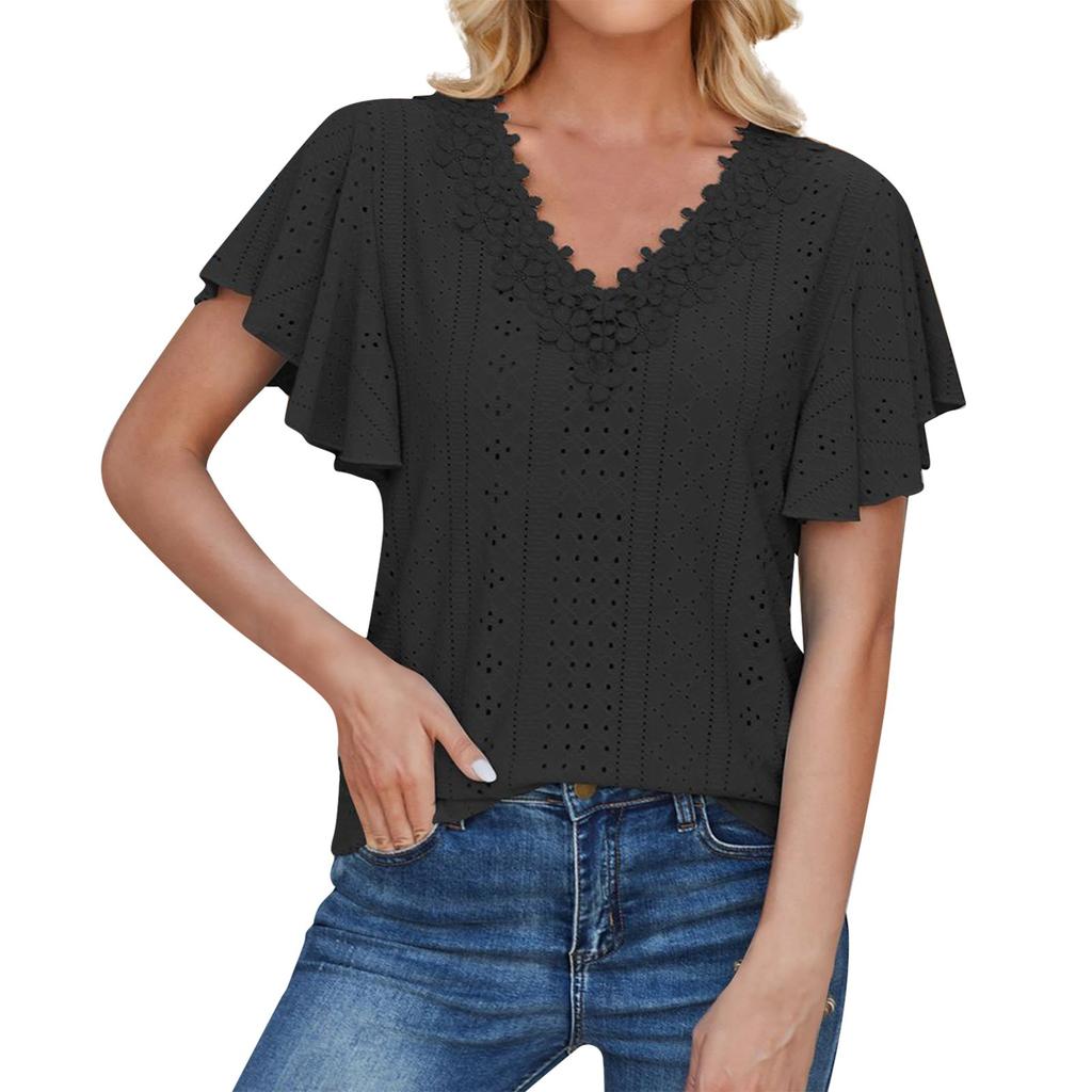 Damska, codzienna, modna, seksowna, koronkowa koszulka z dekoltem w serek i falbaniastymi rękawami w jednolitym kolorze