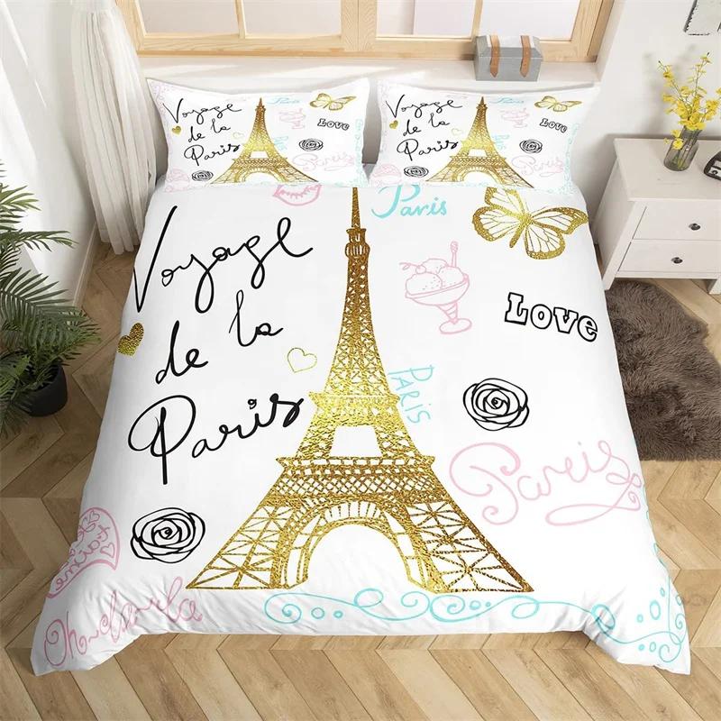 Eiffel Tower Duvet Cover Chic Paris Bedding Set Microfiber Modern French Style Romantic Theme Comforter Cover With Pillowcase