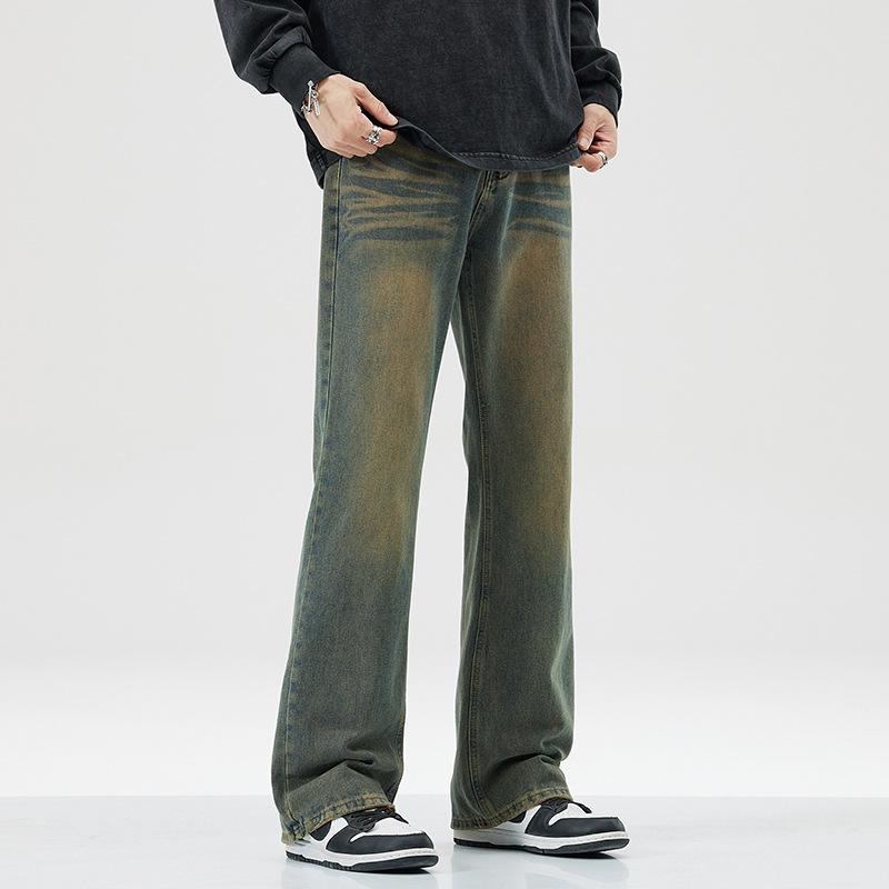 Men's Washed Retro Blue Micro-Flare Jeans - Spring/Summer Straight Loose American Trend, Wide Leg Long Pants