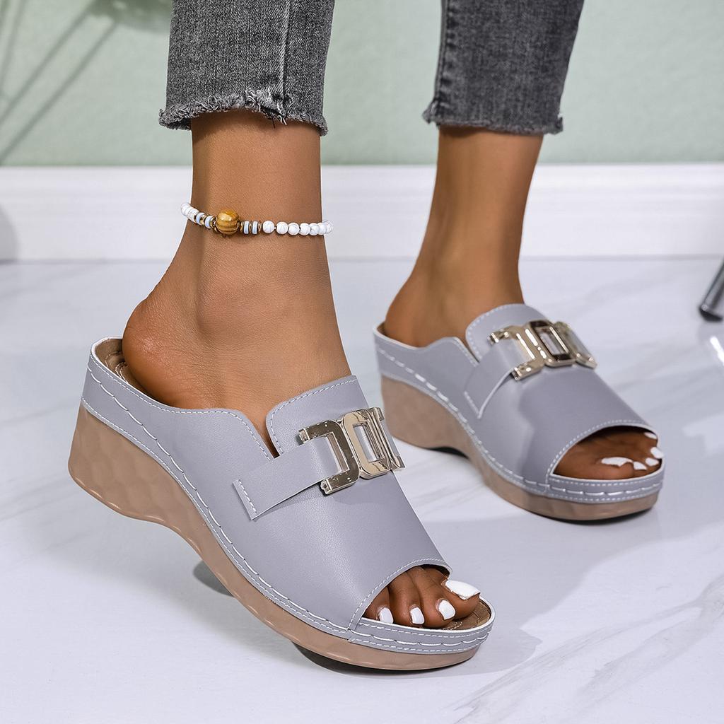 Women'S Sandals Wedge Heel Slippers Plus Size Casual And Fashion With Metal Open Toe Design Simple Sandal For Woman High Arch
