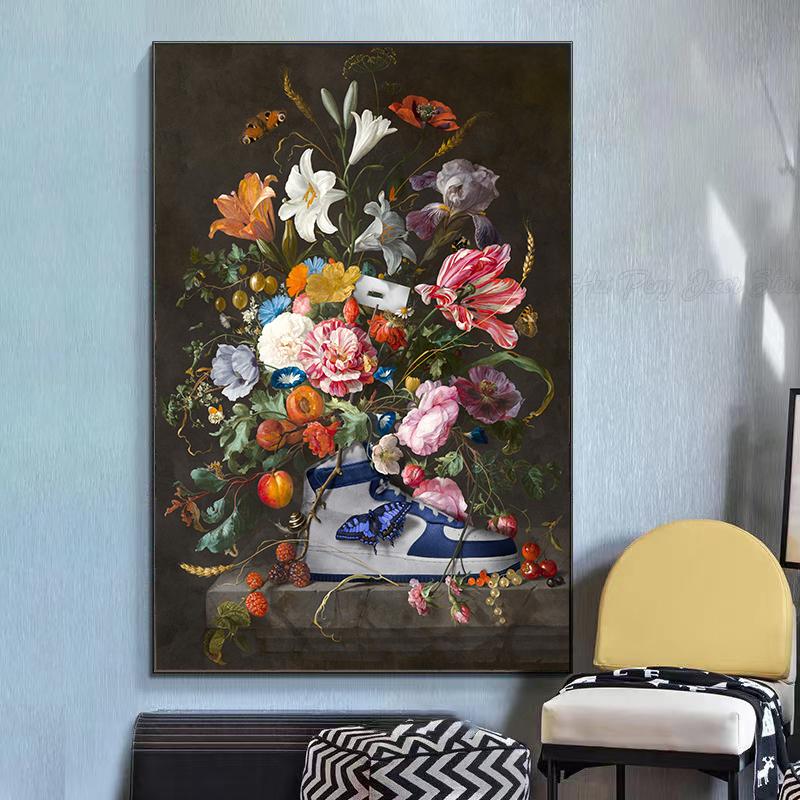 Large Size Floral Flora and Sneakers Canvas Painting Modern Art Posters Prints Wall Picture Artwork for Home Living Room Decor