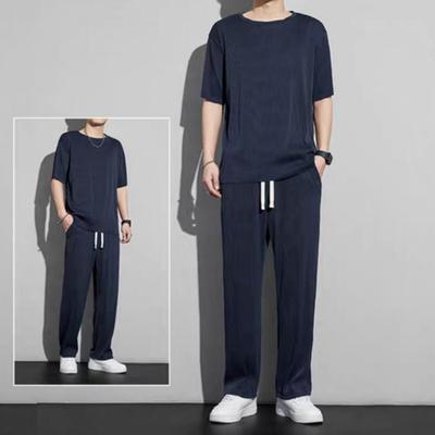 2Pcs/Set Men Summer Casual Outfit O-neck Short Sleeve T-shirt Elastic Drawstring Waist Wide Leg Long Pants Set Solid Color Casua