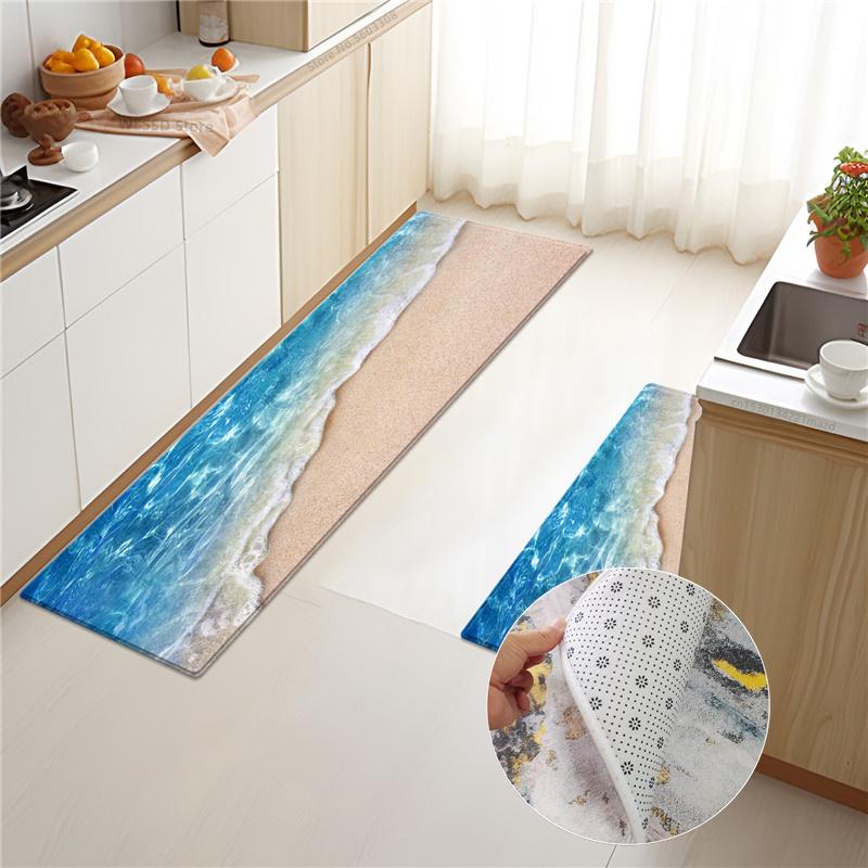 Marine Style Waves Rug For Kicthen Floor 3D Sea Print Kitchen Mat Set Sponge Material Bathroom Rug Absorbent Non-slip