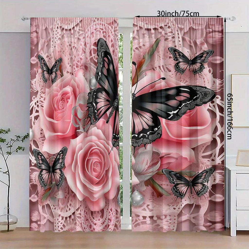 2 Pieces of Pink Floral Butterfly Printed Curtains, Pole Bag Bedroom and Living Room, Home Decoration, Room Decoration